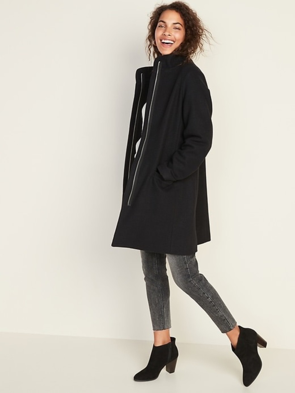 Old Navy Black Soft Brushed Funnel Neck Wool Blend Coat